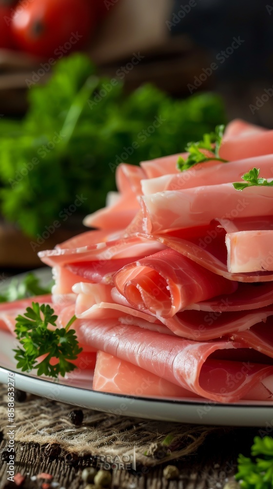 Thinly sliced prosciutto on a plate with parsley garnish, close-up. Culinary and gourmet food concept Thinly sliced prosciutto on a plate with parsley garnish, close-up. Culinary and gourmet food concept
