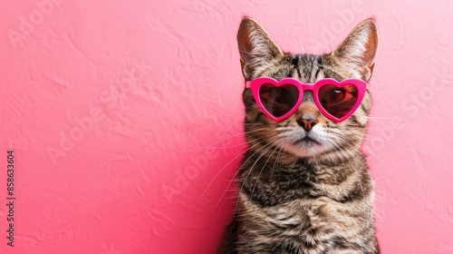 Funny cat wearing heart shaped sunglasses on pink background Postcard featuring cat with text space Ideal for Valentine s Day weddings women s day birthdays