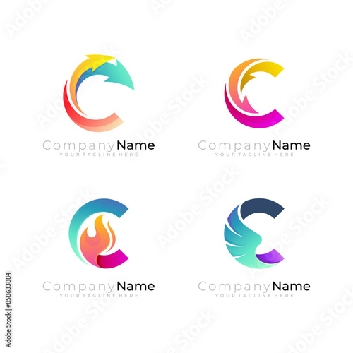 Letter C logo with combination design, C arrow, fire and wing logos