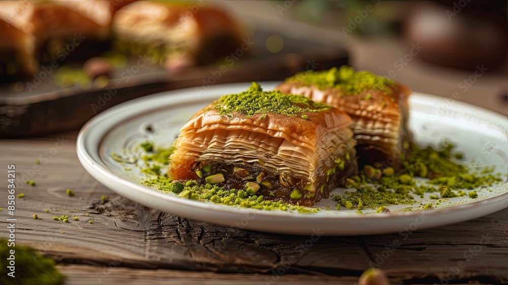 Traditional Turkish dessert pistachio baklava on a white porcelain plate Traditional Turkish dessert pistachio baklava on a white porcelain plate