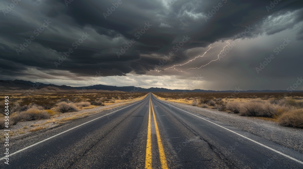 Moody road under stormy skies with distant lightning strikes Moody road under stormy skies with distant lightning strikes