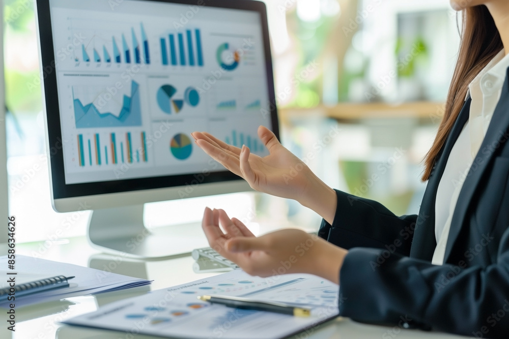 © Jaroon - A woman is focused on the screen and she is giving a presentation or explaining something to someone.