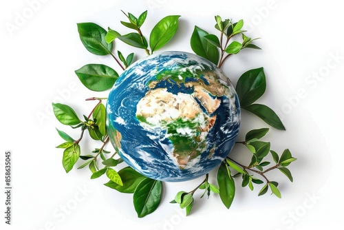 Support Earth by investing in sustainability Earth Day 2023 concept with globe map and leaves on whi photo