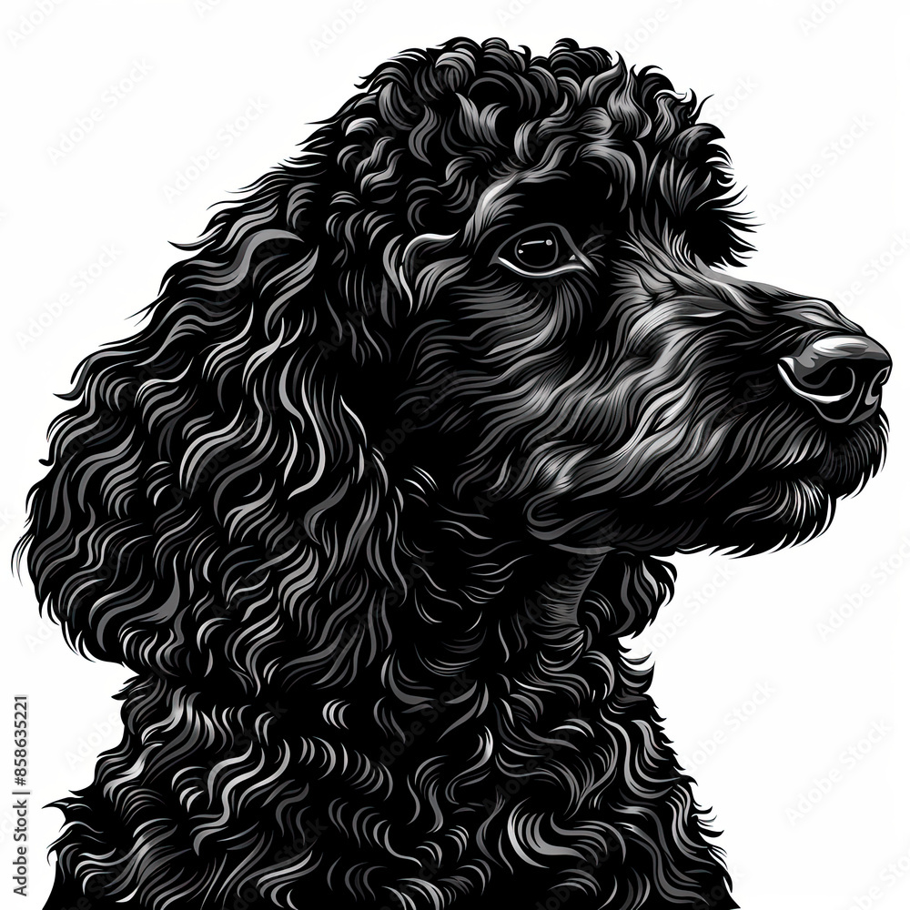A black and white drawing of a poodle dog A black and white drawing of a poodle dog