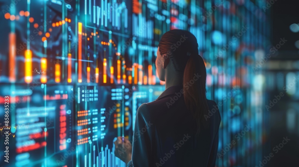 Woman analyzing digital data on multiple screens in a futuristic setting, representing big data and technology analytics. Woman analyzing digital data on multiple screens in a futuristic setting, representing big data and technology analytics.