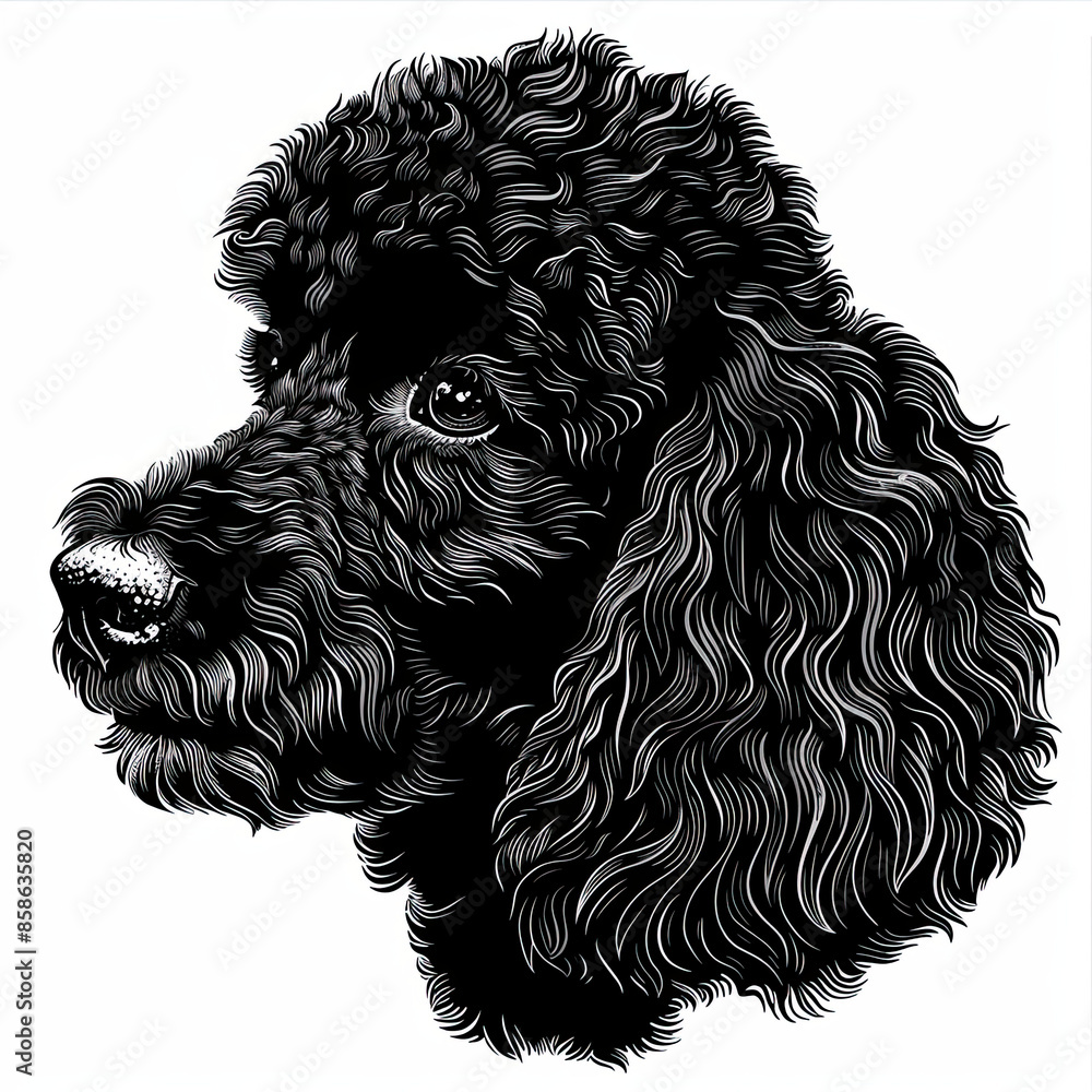 A black and white drawing of a poodle dog A black and white drawing of a poodle dog