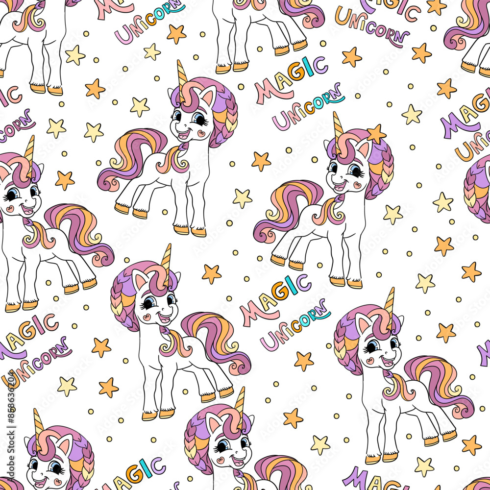 Fototapeta premium Unicorns and lettering seamless pattern on a white background