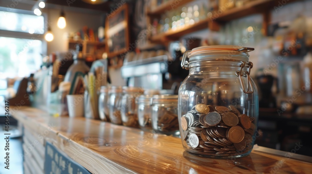 Money jar full of tips on a cafe counter at the end of a day Money jar full of tips on a cafe counter at the end of a day