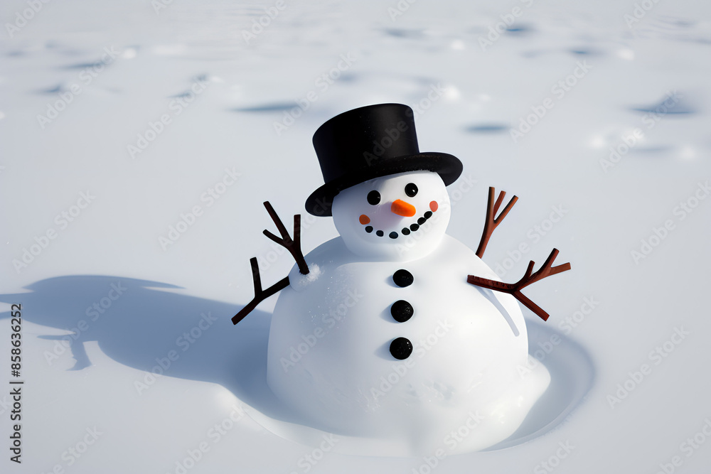 Snowman in a Christmas snowy setting with a hat, black buttons, and tree branch hands, creating festive holiday charm Snowman in a Christmas snowy setting with a hat, black buttons, and tree branch hands, creating festive holiday charm
