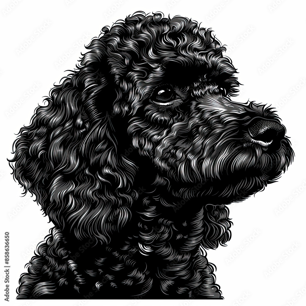 A black and white drawing of a poodle dog A black and white drawing of a poodle dog