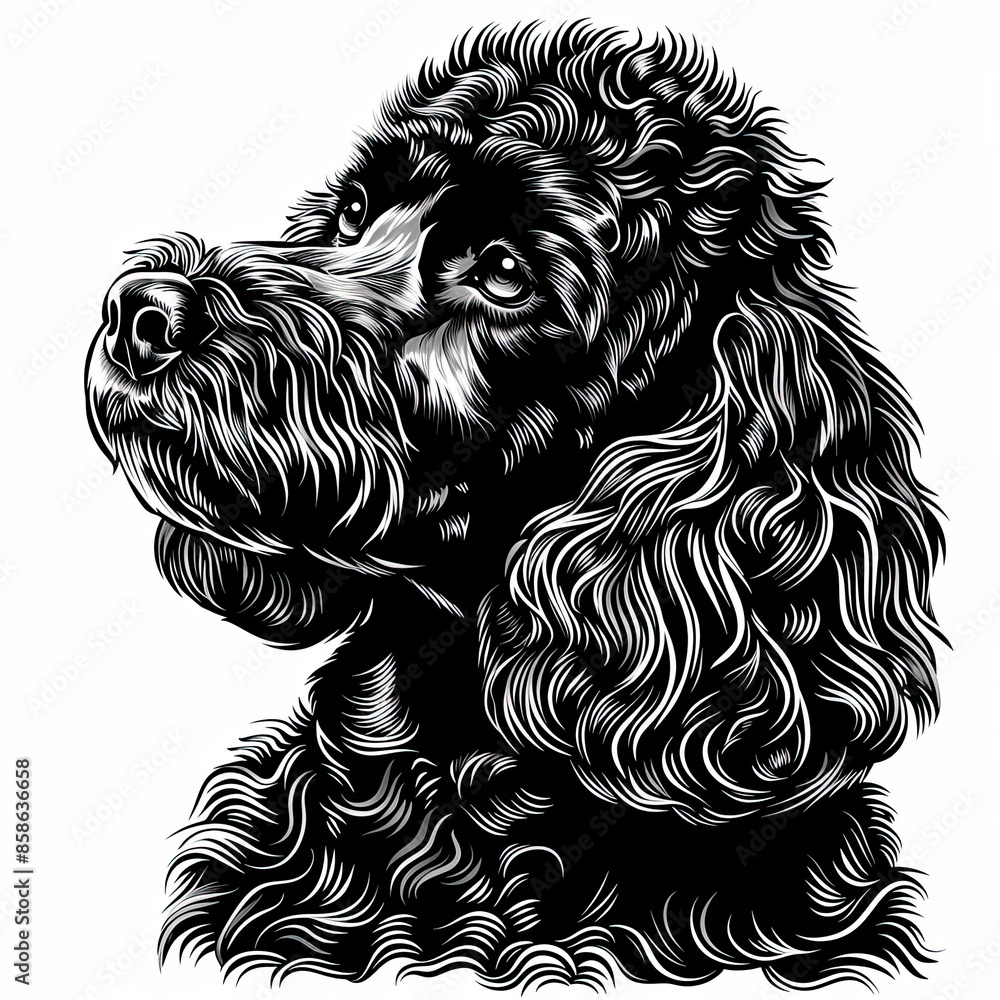 A black and white drawing of a poodle dog A black and white drawing of a poodle dog