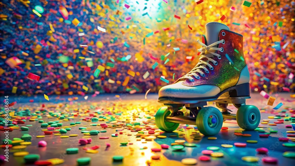 Fototapeta premium Vibrant confetti littered floor reflects colorful roller skates, wheels spinning freely, evoking carefree joy and energetic celebration, sans human presence.,hd,8k