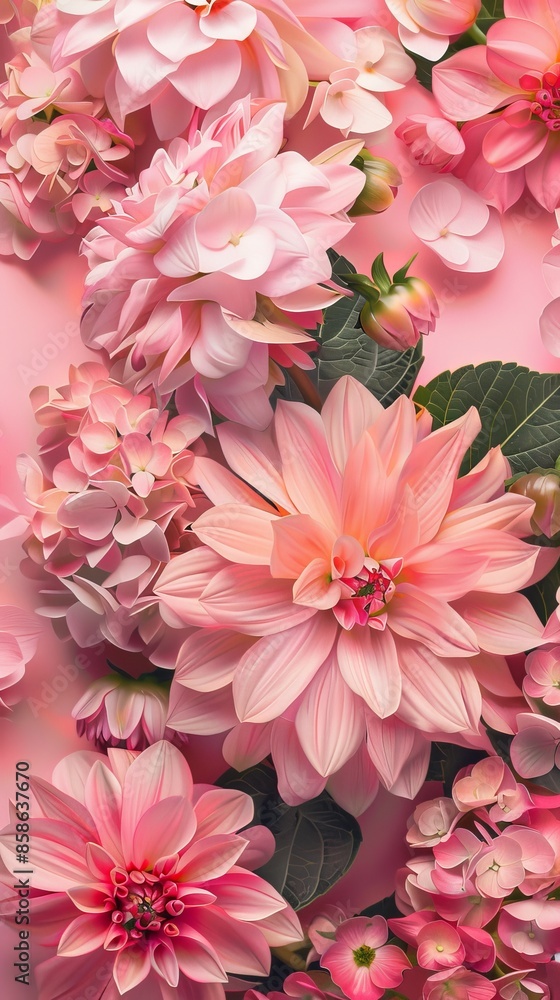 Pink and peach flowers in full bloom with green leaves, floral arrangement concept Pink and peach flowers in full bloom with green leaves, floral arrangement concept