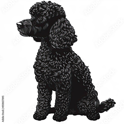 A black and white drawing of a poodle dog