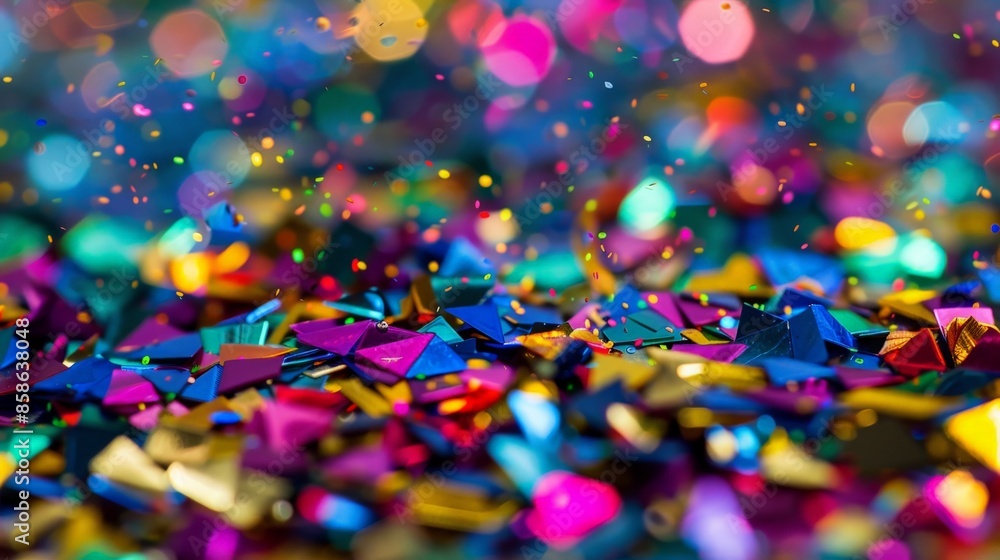 Naklejka premium Macro shot of sparkling confetti textures with vivid colors and shiny surfaces