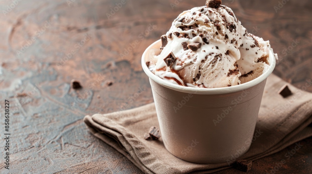 Close up horizontal photo of a cup of ice cream on brown background Close up horizontal photo of a cup of ice cream on brown background