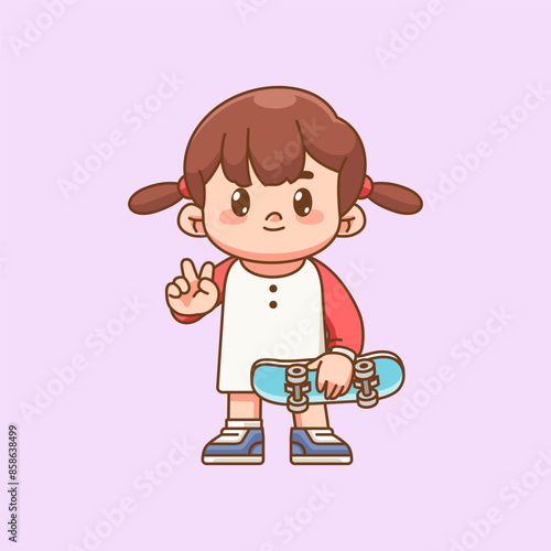 Cute girl Playing Skateboard peace pose kawaii chibi character mascot illustration