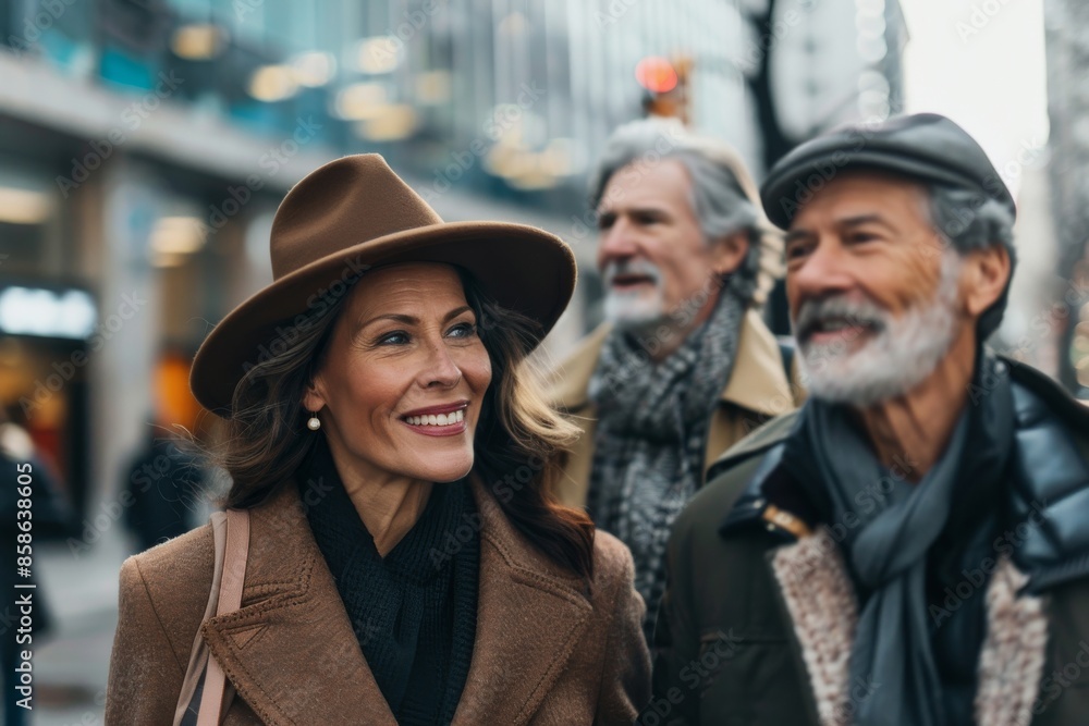 Portrait of happy senior couple walking in the city. Mature couple walking in the city. Portrait of happy senior couple walking in the city. Mature couple walking in the city.