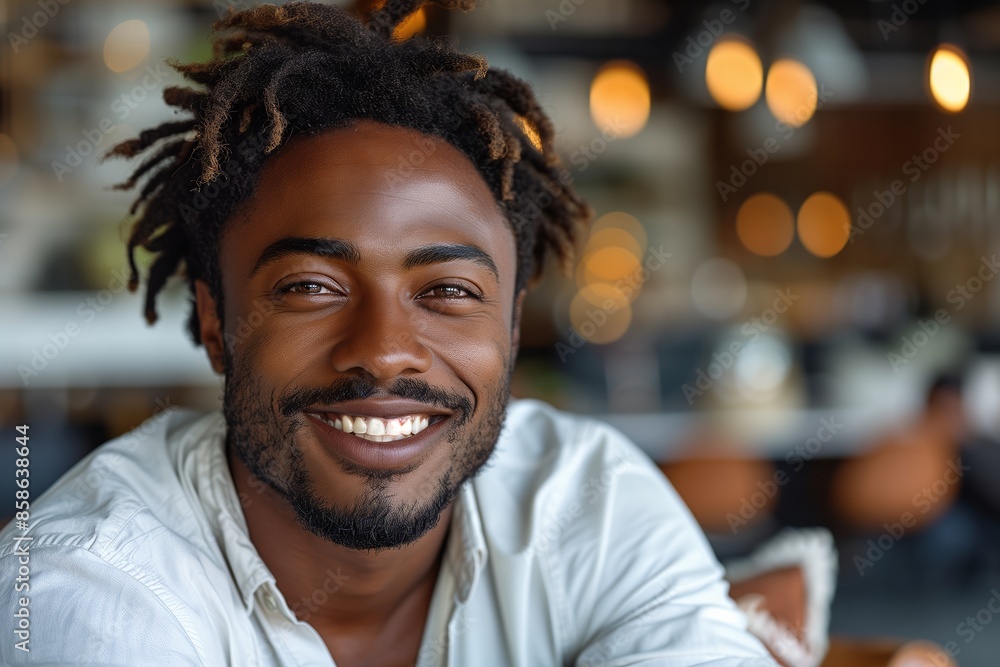 Happy mixed race male receives bonus and praise for good work in stylish outfit with Afro hairstyle Happy mixed race male receives bonus and praise for good work in stylish outfit with Afro hairstyle