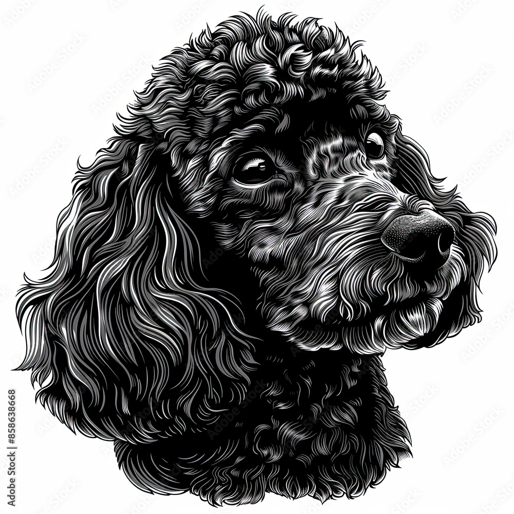 A black and white drawing of a poodle dog A black and white drawing of a poodle dog