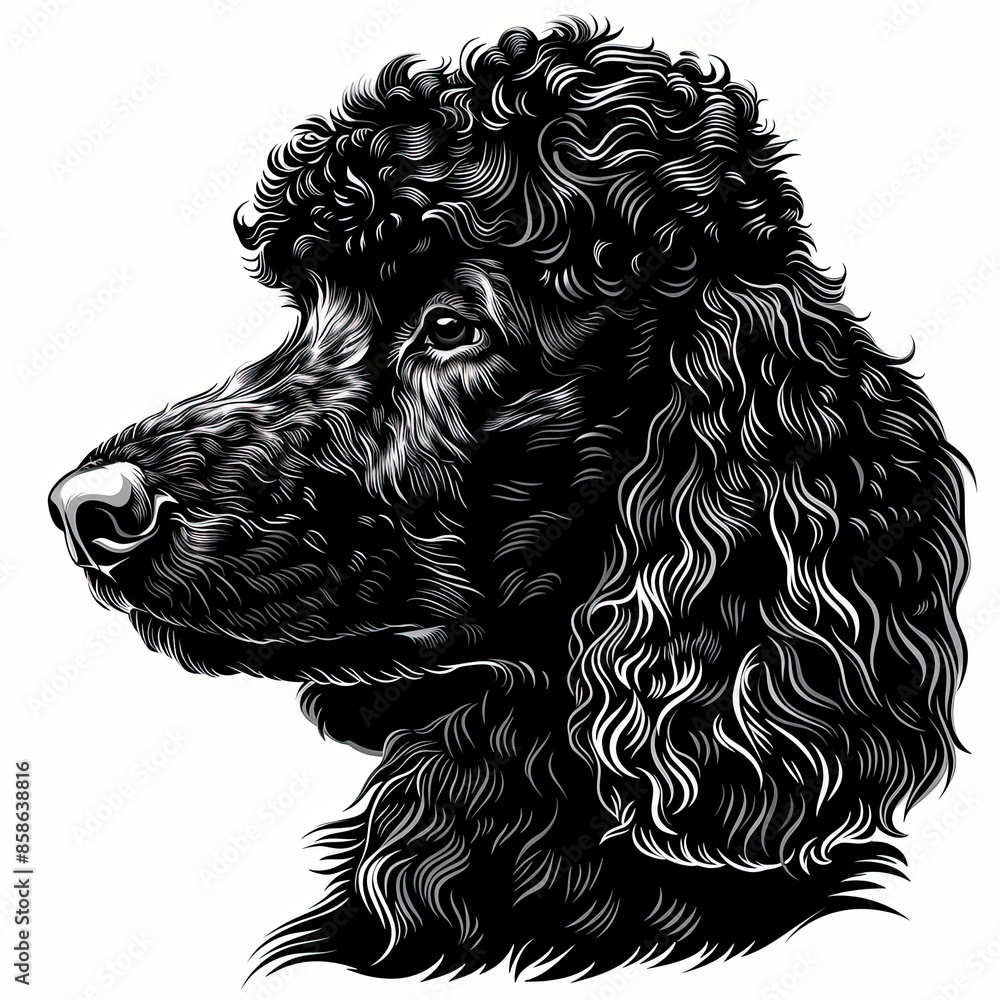 A black and white drawing of a poodle dog A black and white drawing of a poodle dog