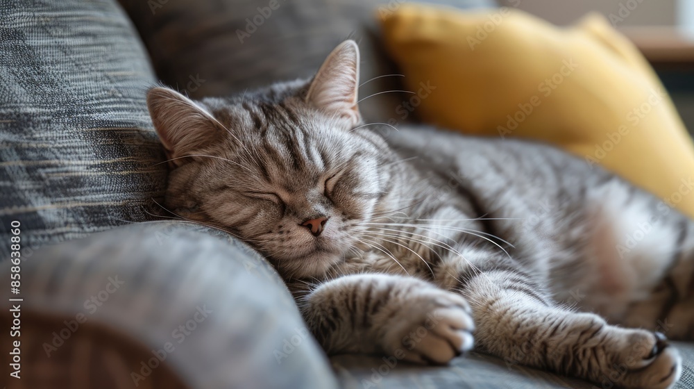 British Short Hair cat napping on a sofa in an Edinburgh flat looking content British Short Hair cat napping on a sofa in an Edinburgh flat looking content