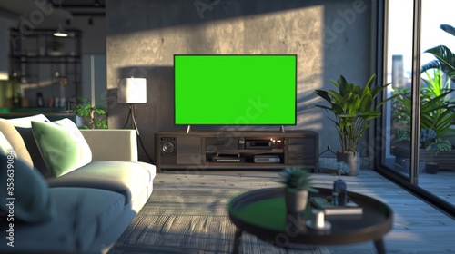 Stylish Loft Apartment Interior with TV Set with Green Screen Mock Up Display Standing on Television Stand. Empty Cozy Living Room of Spacious Flat with Chroma Key Placeholder on Monitor.