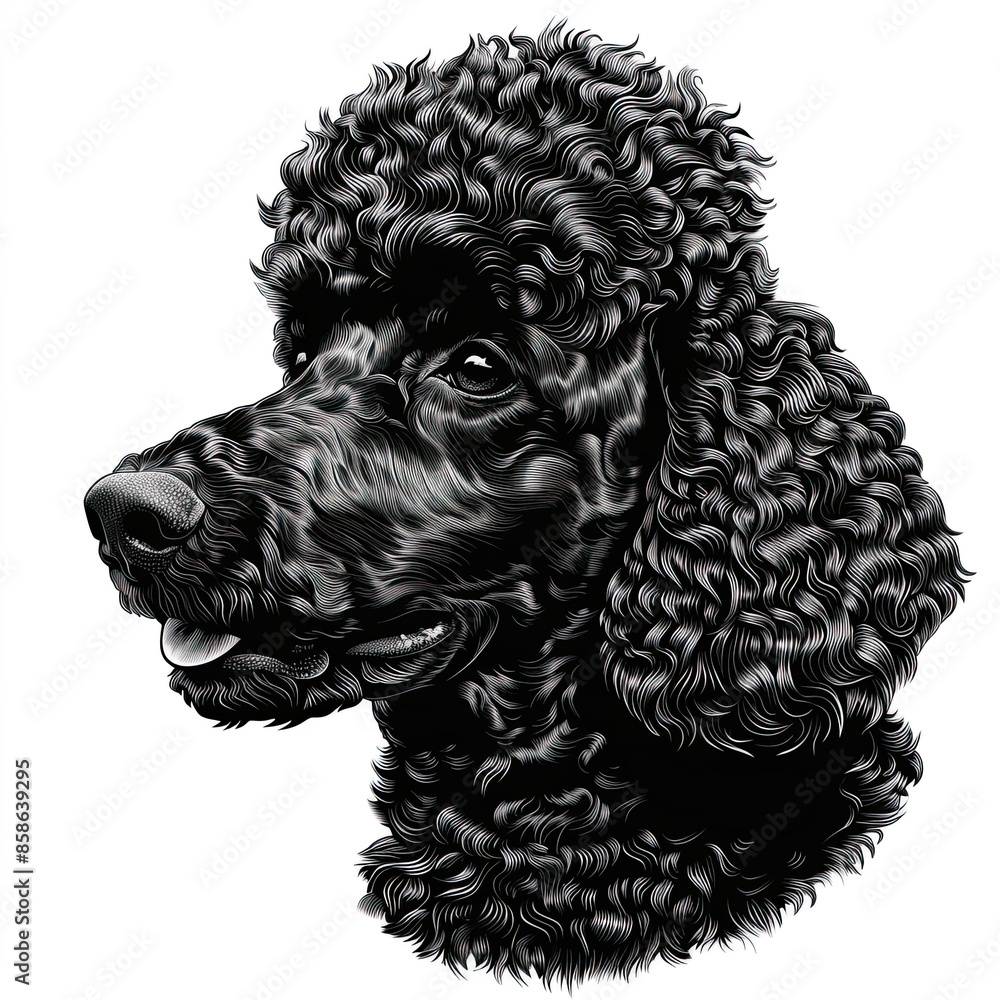 A black and white drawing of a poodle dog A black and white drawing of a poodle dog