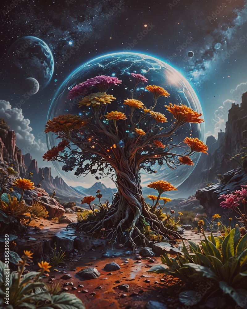 A fantasy landscape at night with vibrant colors. A fantasy landscape at night with vibrant colors.
