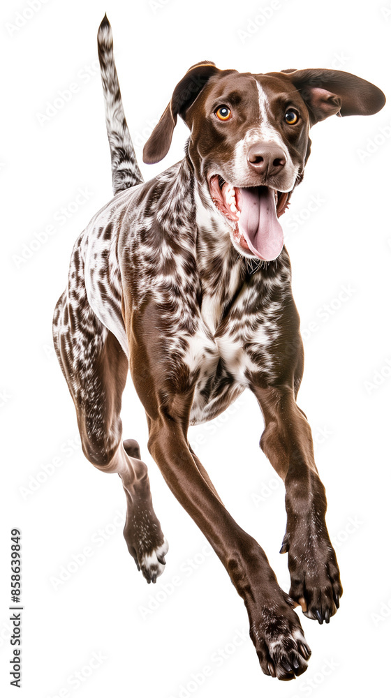Full body shot of German Shorthaired Pointer dog, running happily, smiling. Full body shot of German Shorthaired Pointer dog, running happily, smiling.