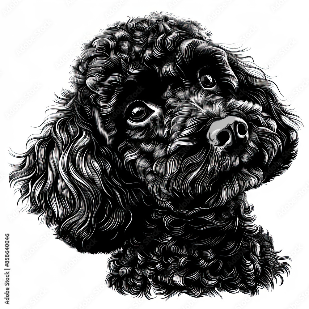 A black and white drawing of a poodle dog A black and white drawing of a poodle dog