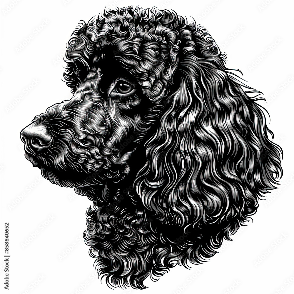 A black and white drawing of a poodle dog A black and white drawing of a poodle dog