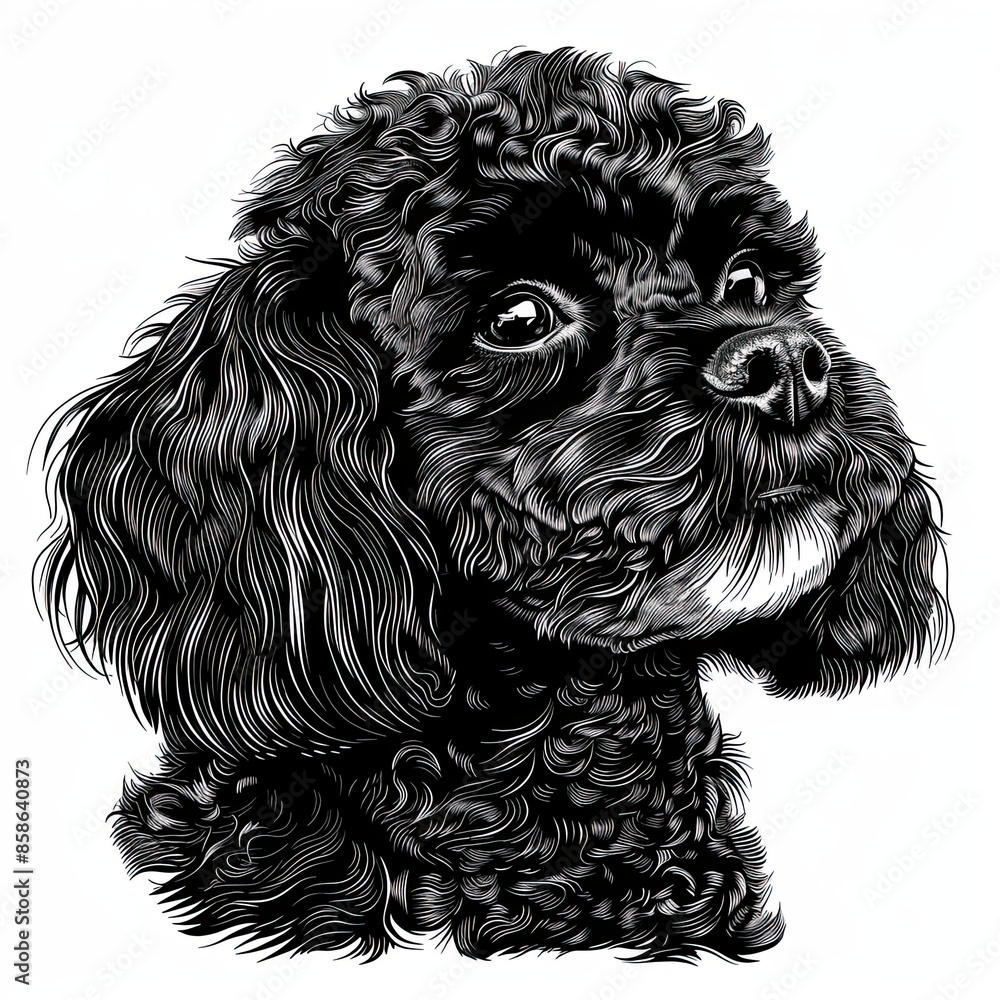 A black and white drawing of a poodle dog A black and white drawing of a poodle dog