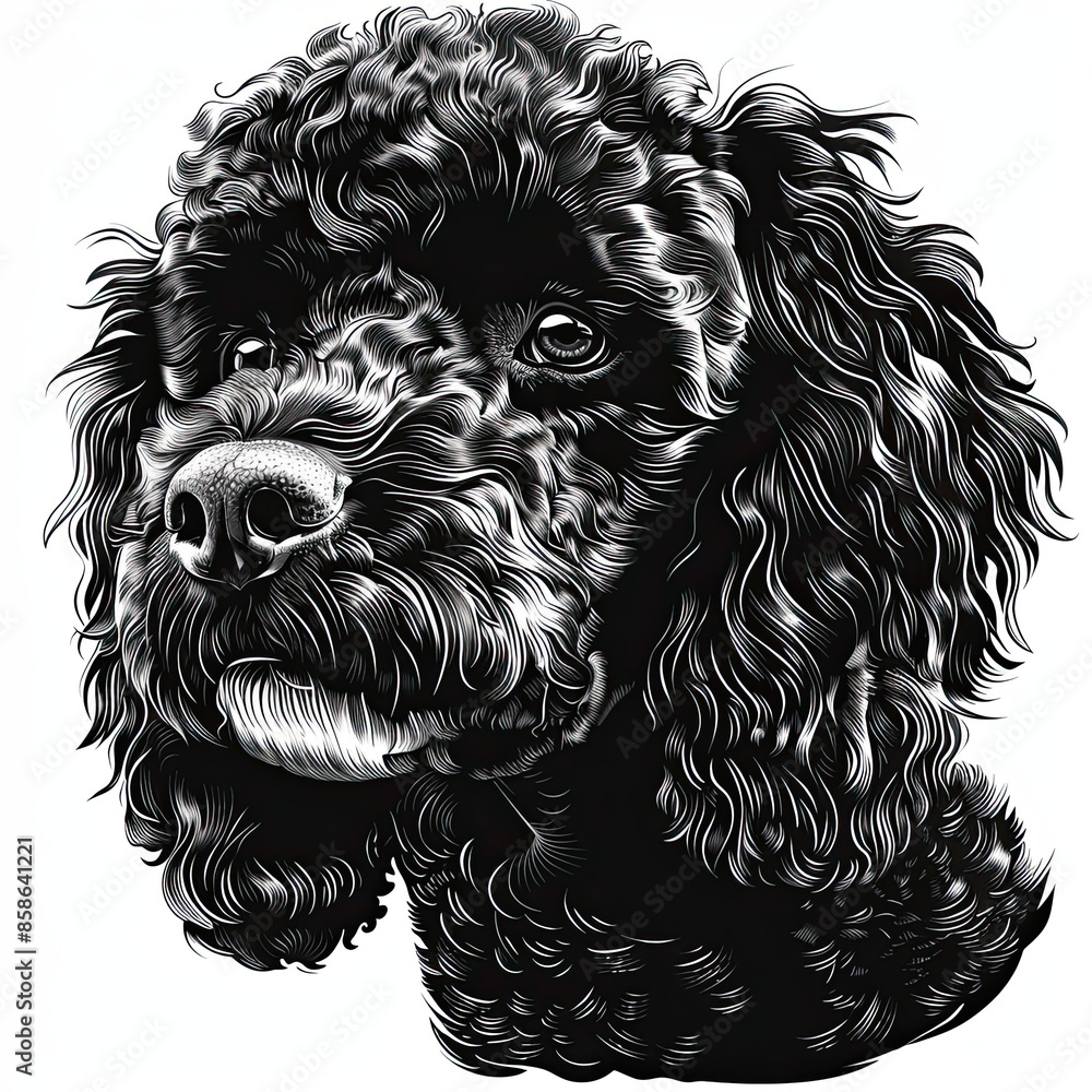 A black and white drawing of a poodle dog A black and white drawing of a poodle dog