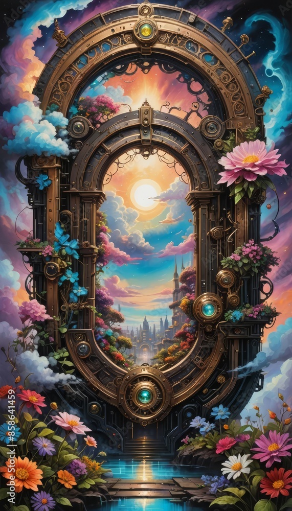 Obraz premium A steampunk portal in the sky with flowers. 