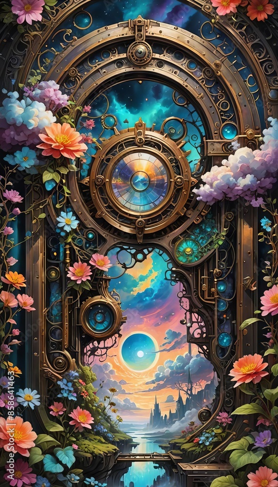 Fototapeta premium A steampunk portal in the sky with flowers.