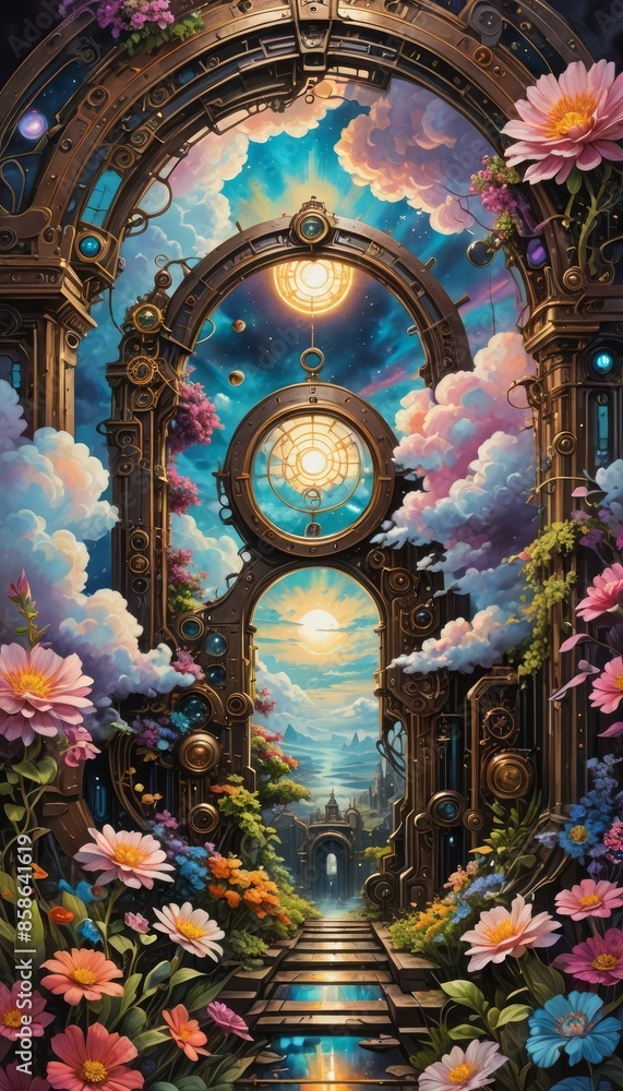 Fototapeta premium A steampunk portal in the sky with flowers.