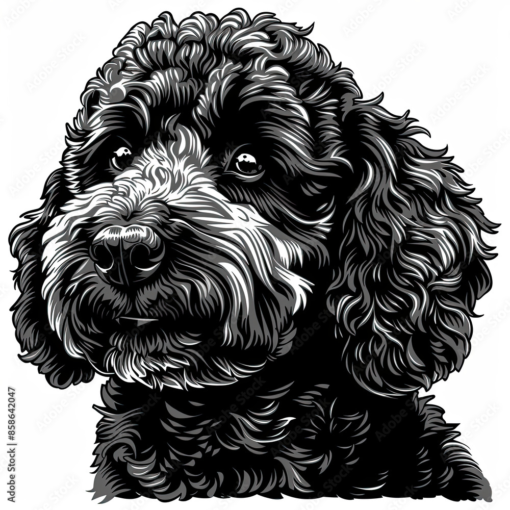 A black and white drawing of a poodle dog A black and white drawing of a poodle dog