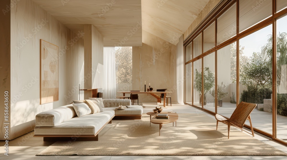 Fototapeta premium A large open living room with a white couch, a coffee table, and a few chairs