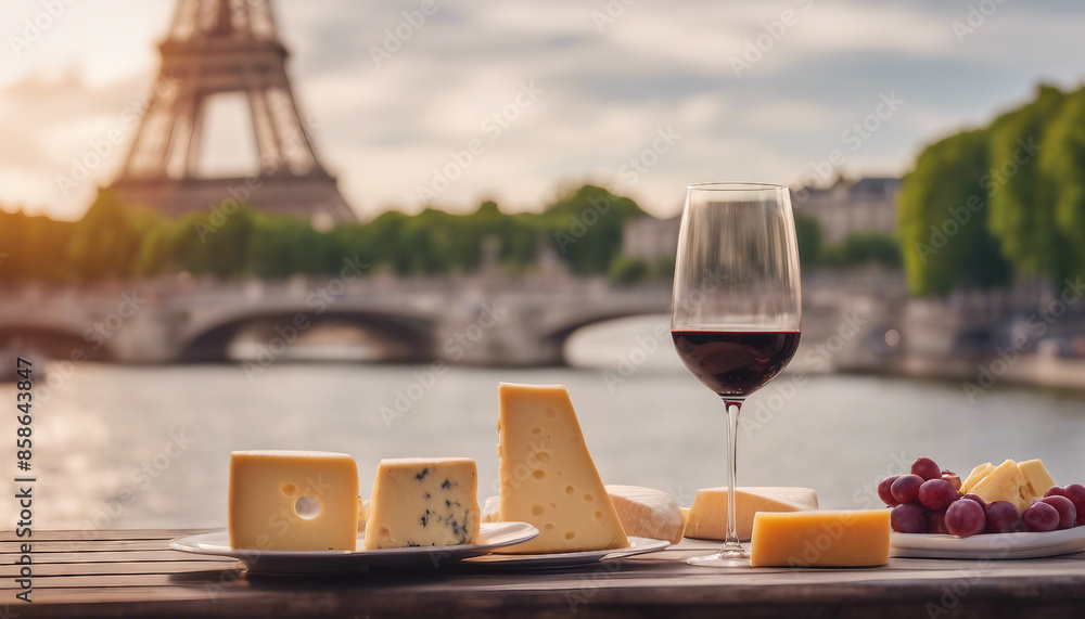 A luxurious picnic is set against the backdrop of the Seine River in Paris, with a cheese plateau and wine provided for guests to enjoy during the golden hour. A luxurious picnic is set against the backdrop of the Seine River in Paris, with a cheese plateau and wine provided for guests to enjoy during the golden hour.