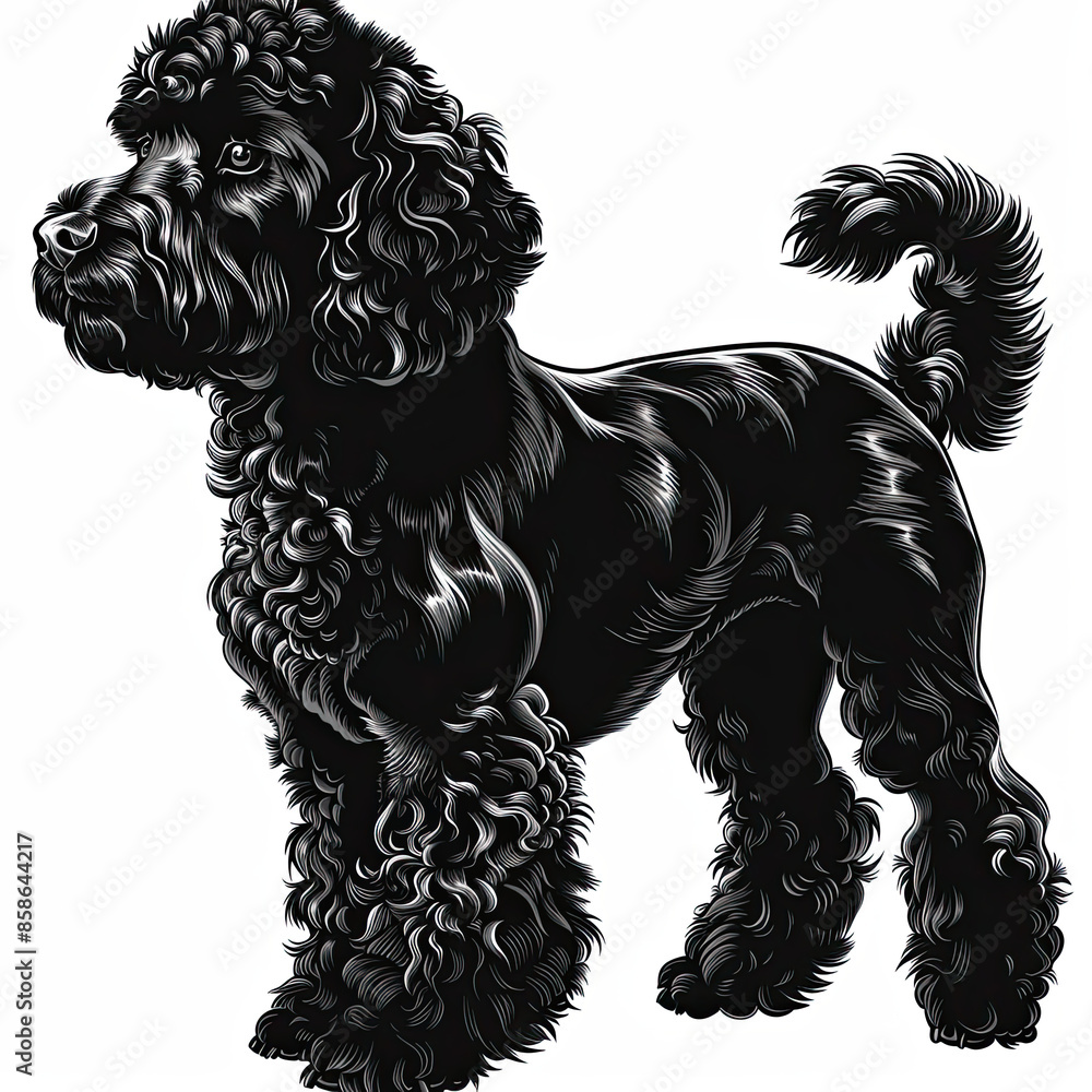 A black and white drawing of a poodle dog A black and white drawing of a poodle dog
