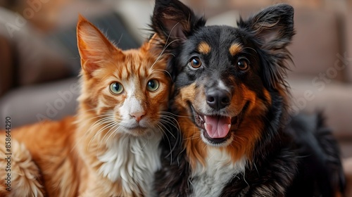 Delightful Portrait of Cheerful Dog and Cat Companions Gazing at on Transparent Background © panu101