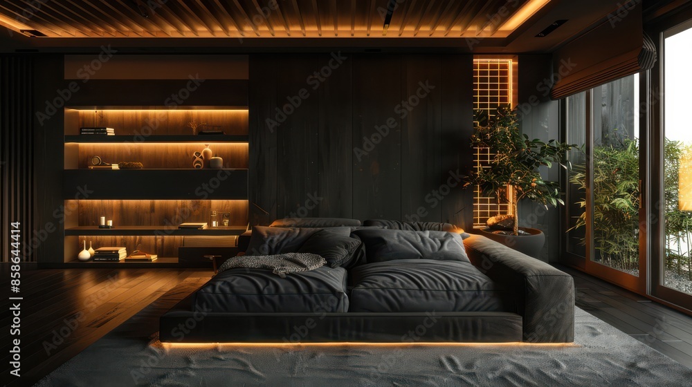 A bedroom with a black bed and a black dresser A bedroom with a black bed and a black dresser