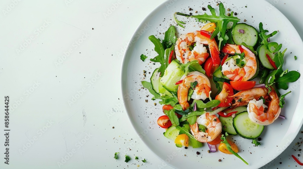 Fresh vegetable and seafood salad on plate with empty space Fresh vegetable and seafood salad on plate with empty space