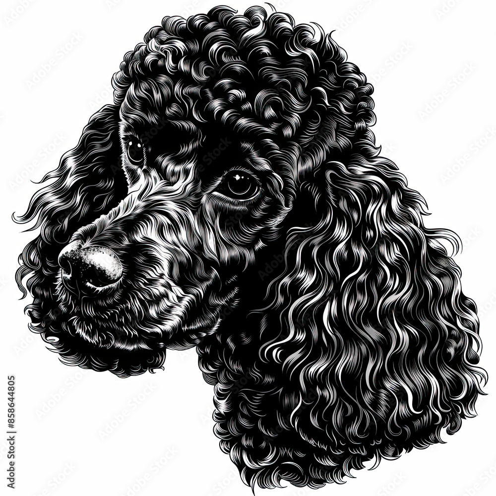 A black and white drawing of a poodle dog A black and white drawing of a poodle dog
