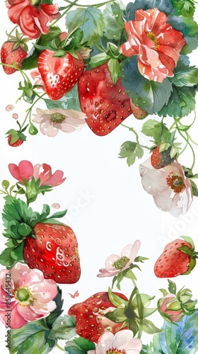 Watercolor strawberries and flowers illustration