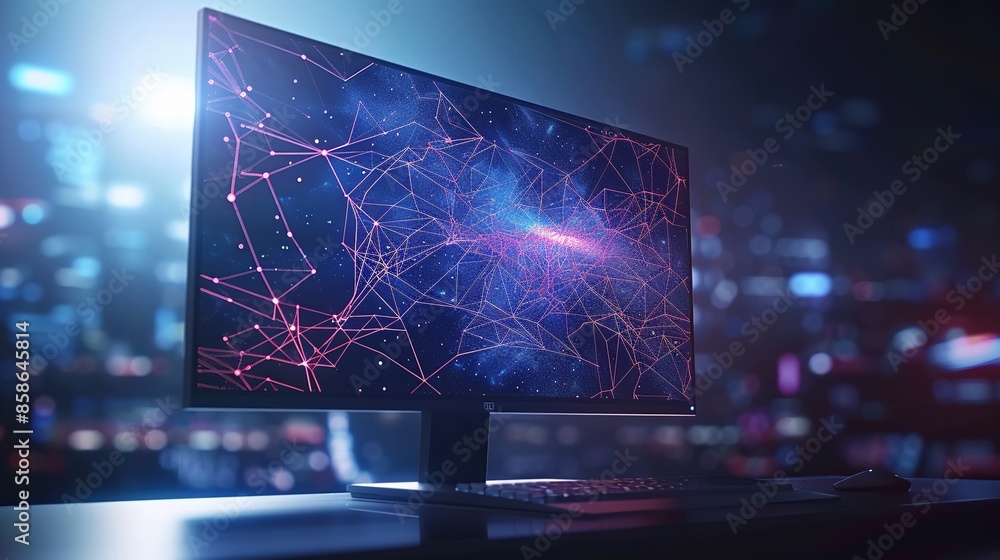 Abstract Digital PC Monitor in Low Poly Wireframe Style Blue Technology Background Abstract Digital PC Monitor in Low Poly Wireframe Style Blue Technology Background