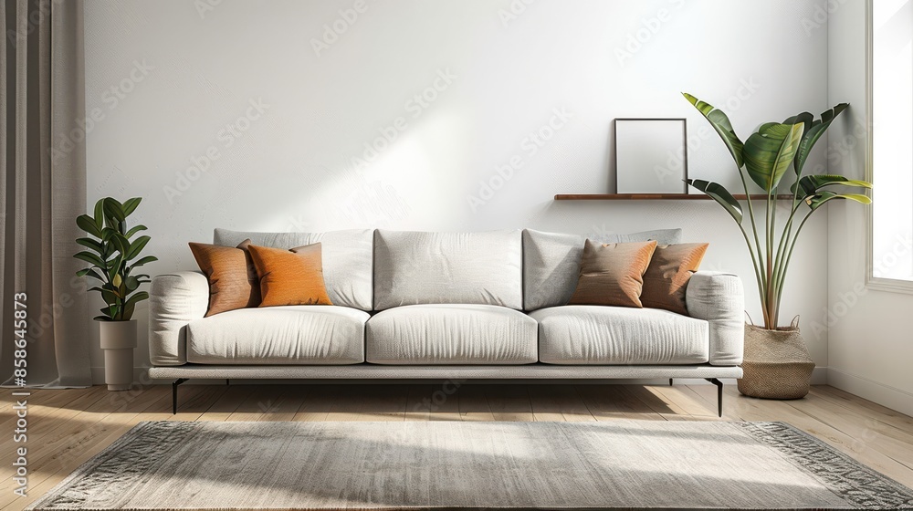 A large white couch with orange pillows sits in a room with a window A large white couch with orange pillows sits in a room with a window