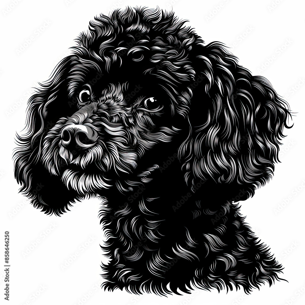 A black and white drawing of a poodle dog
