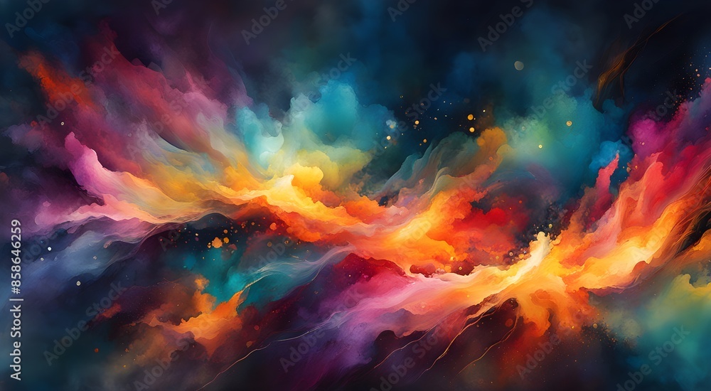 Fototapeta premium A colorful painting of a space with a rainbow of colors and a lot of splatters